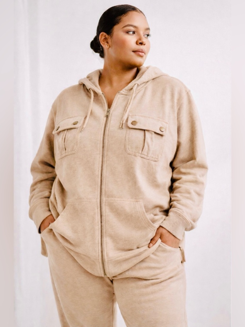 Lauren Ralph Lauren Taupe Teddy Zip Hoodie Jacket